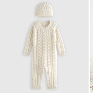 NWT Washable Cashmere Onesie and Hat - ivory cableknit